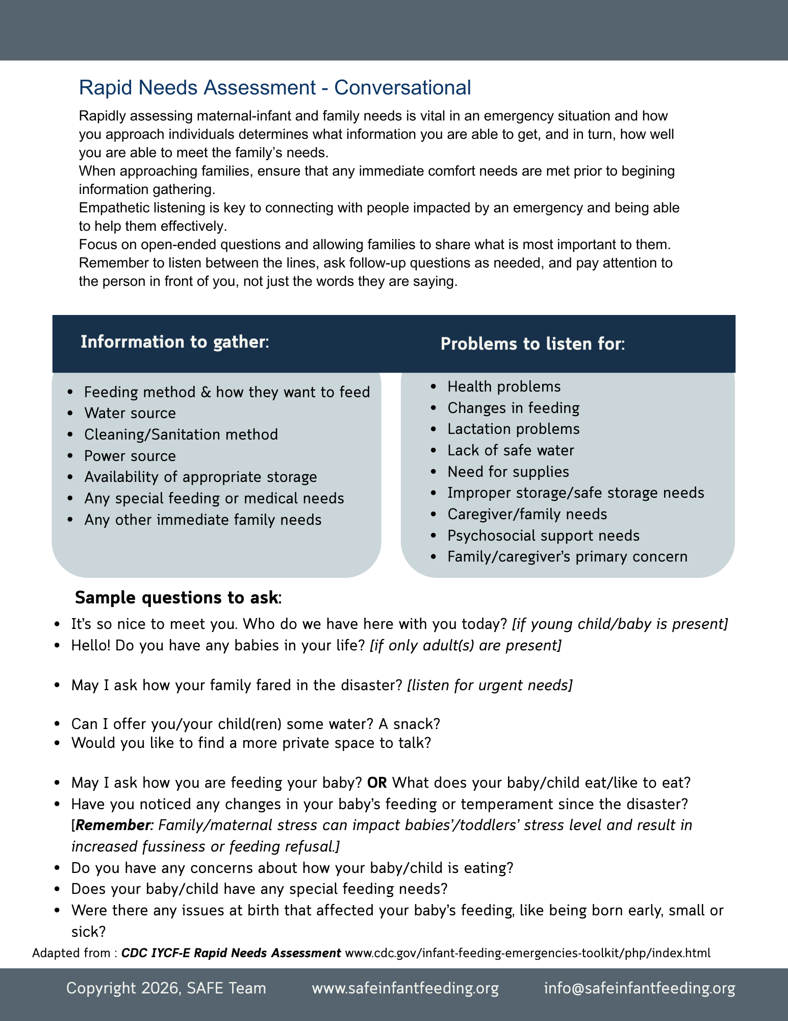 First page of the SAFE Simplified Rapid Needs Assessment, a conversational field version.