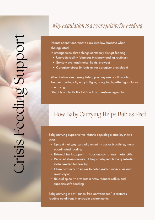 Crisis feeding support guide on infant regulation and baby carrying