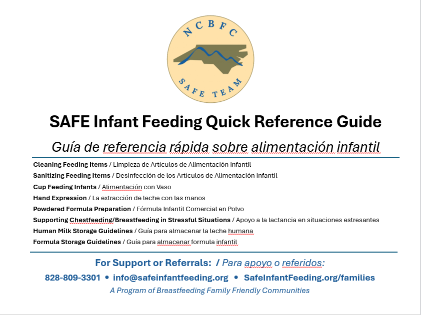 First page of the SAFE Infant Feeding Quick Reference Guide booklet