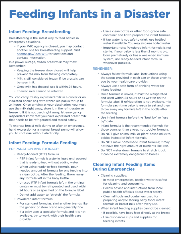 North Carolina DHHS Feeding Infants in a Disaster whitepaper