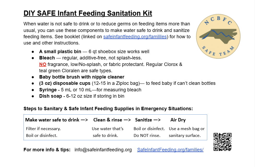 DIY infant feeding sanitation kit components handout