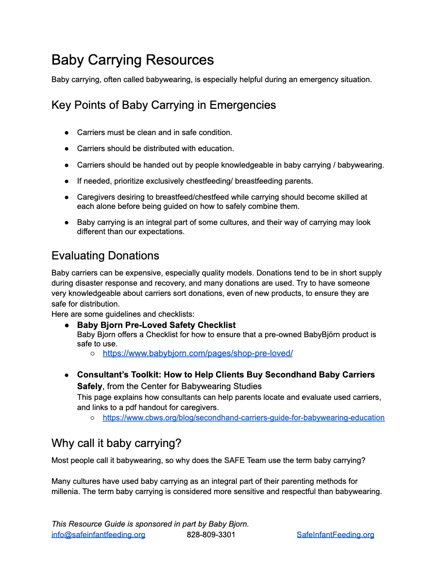 Baby carrying resources handout