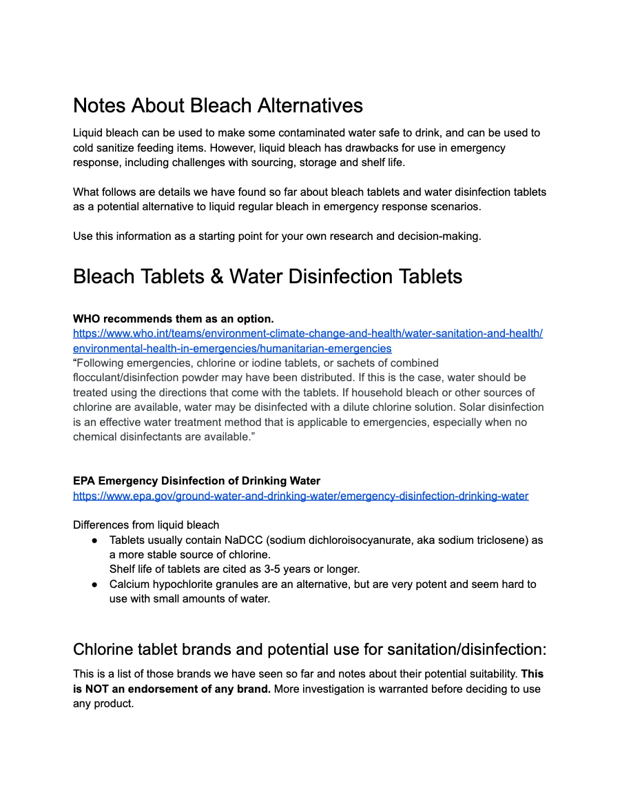 First page of the Bleach Alternative Notes handout