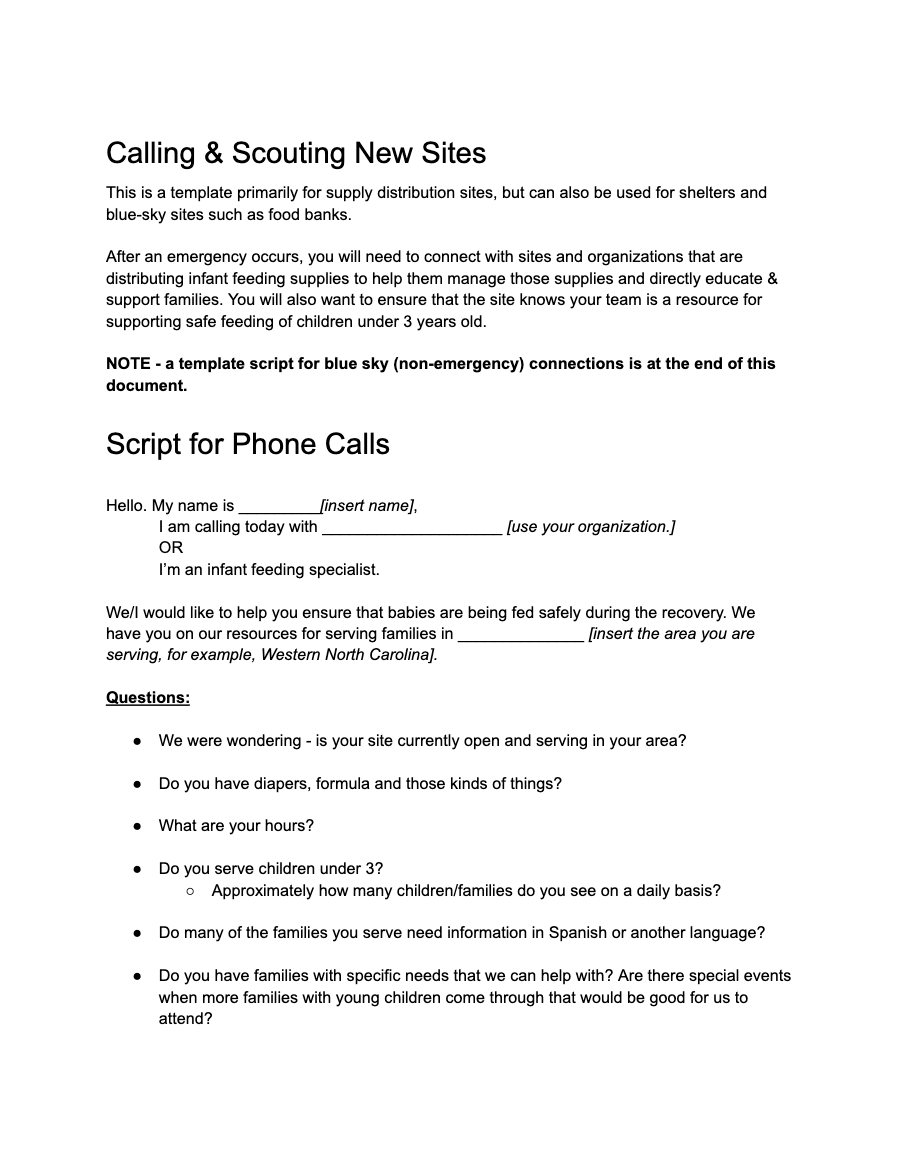 First page of the Contacting Sites Template