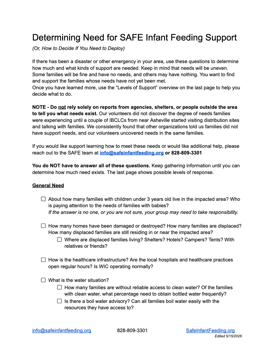 First page of Determining Need for SAFE Infant Feeding Support
