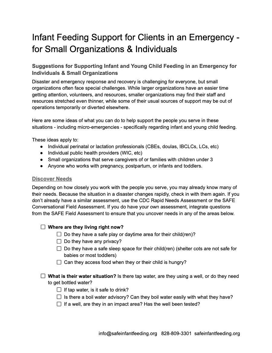 First page of IYCF-E Support for Clients, Small Organizations and Individuals