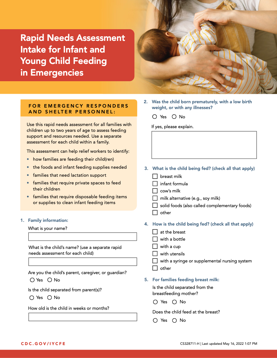 CDC Rapid Needs Assessment intake form for infant and young child feeding in emergencies
