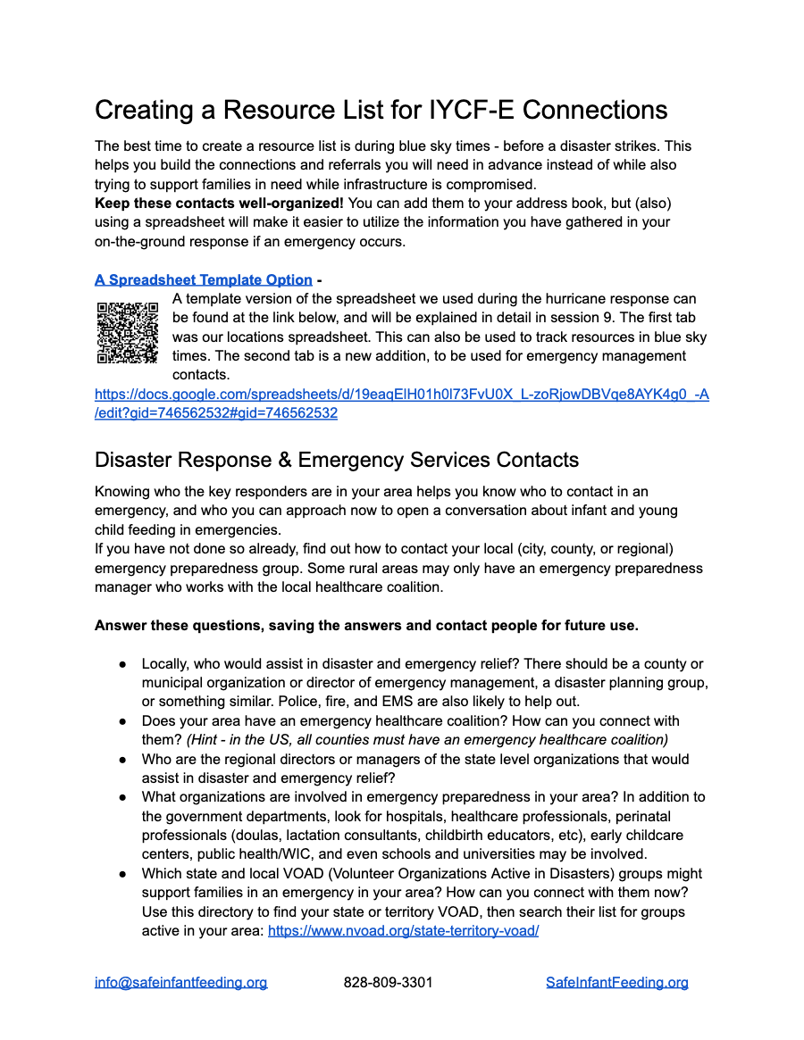 First page of the Resource List Guide for IYCF-E connections