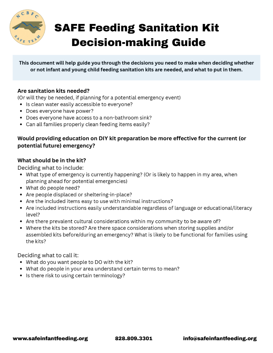 First page of SAFE Feeding Sanitation Kit Decision making Guide