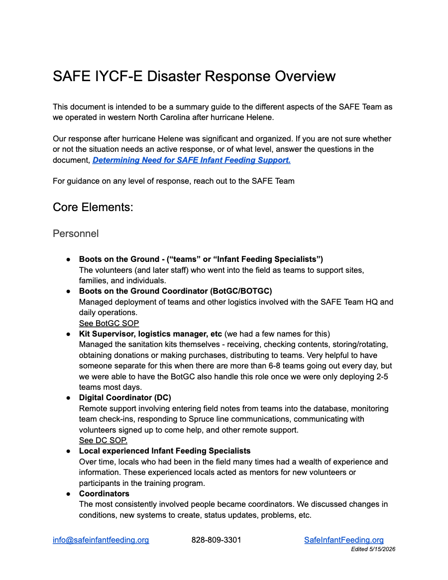 First page of the SAFE IYCF-E Response Overview