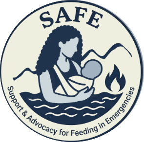 SAFE team logo: support and advocacy for feeding in emergencies. Picture: person holding baby with mounts, fire, and ocean in background