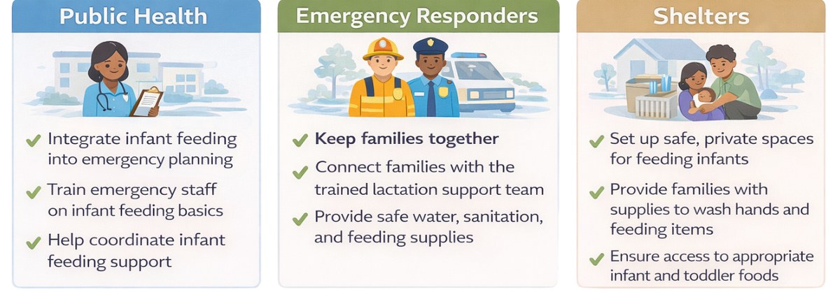 Three columns of emergency responsibilities. Public Health: integrate infant feeding into emergency planning, train emergency staff on infant feeding basics, help coordinate infant feeding support. Emergency Responders: keep families together, connect families with the trained lactation support team, provide safe water, sanitation and feeding supplies. Shelters: set up safe private spaces for feeding infants, provide supplies to wash hands and feeding items, ensure access to appropriate infant and toddler foods.