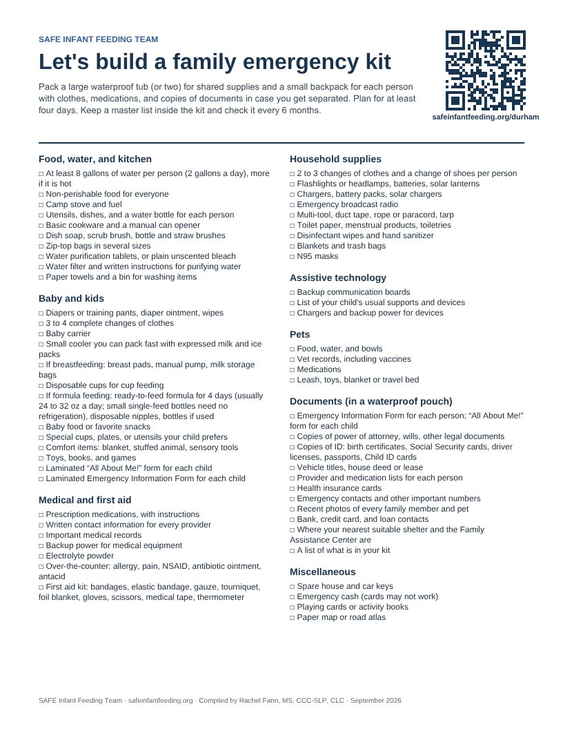 Preview of the printable family emergency kit checklist